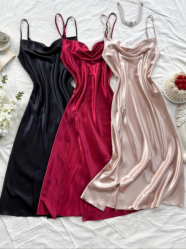 Women's Solid Backless Split Thigh Satin Cami Nightdress, Adjustable Spaghetti Strap Nightgown, Women Nightwear, Women's Sleepwear for Fall & Winter