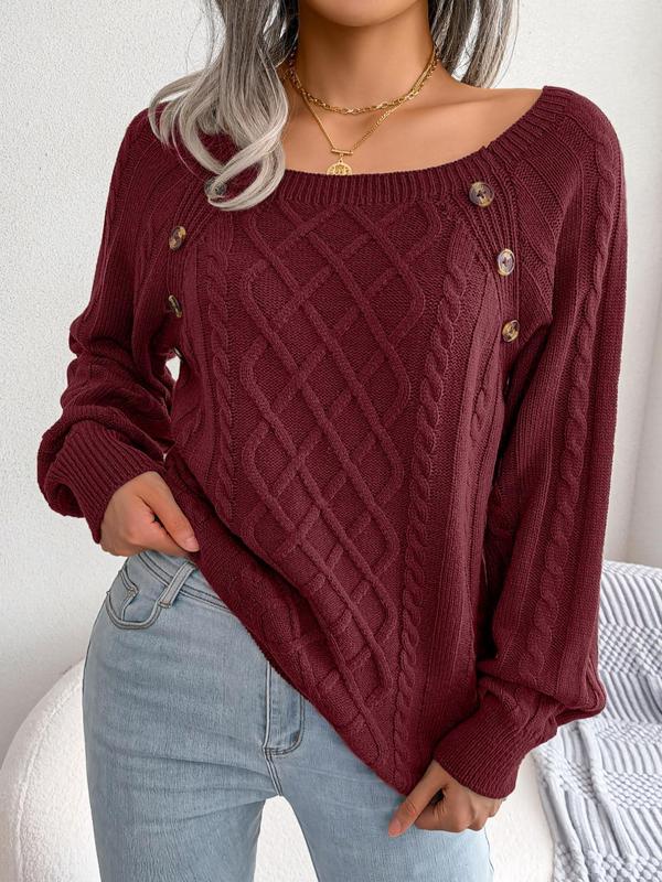 Plus Size Solid Color Cable Knit Sweater, Casual Long Sleeve Boat Neck Jumper for Fall & Winter, Women's Plus Clothing for Daily Wear