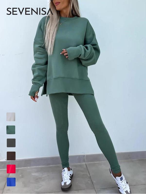 Women's Solid Split Hem Drop Shoulder Sweatshirt & Leggings Set, Casual Fashion Cozy Round Neck Long Sleeve Pullover & Skinny Pants for Daily Outdoor Wear, Women's Clothing for Fall & Winter