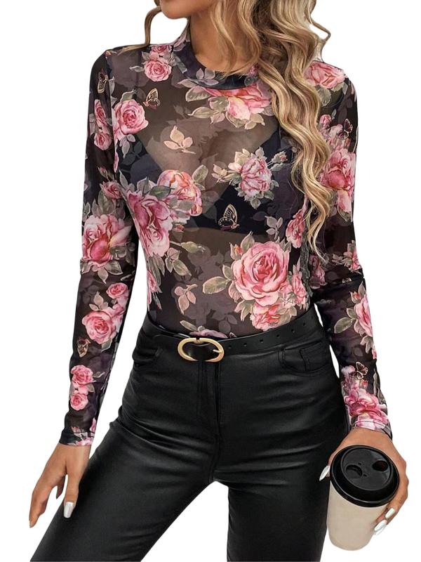 Women's Floral Print Sheer Tulle Tight Sleeve Tee, Elegant Long Sleeve Round Neck Top for Daily Wear, Ladies Clothes for All Seasons