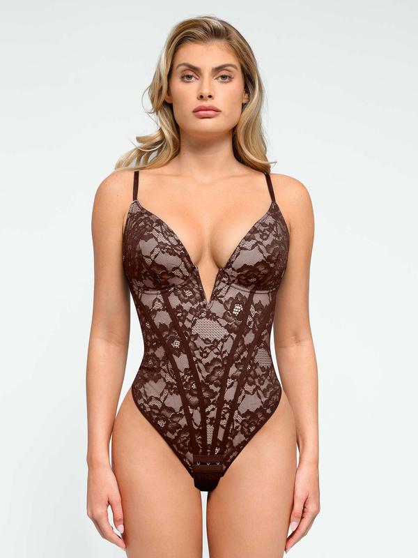 Popilush Lace Corset Style Deep-V Neck Shapewear Bodysuit Official Live