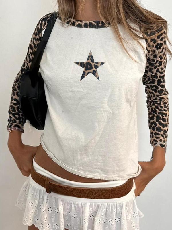 Women's Leopard & Star Print Raglan Sleeve Tee, Casual Long Sleeve Round Neck T-shirt for Fall & Winter, Women's Clothing for Daily Wear