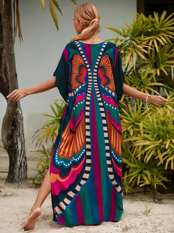 Women's All Over Print Batwing Sleeve Side Split Kaftan Dress, Summer Clothes Women, Casual Printed Half Sleeve V Neck Loose Dress, Women's Dress For Summer