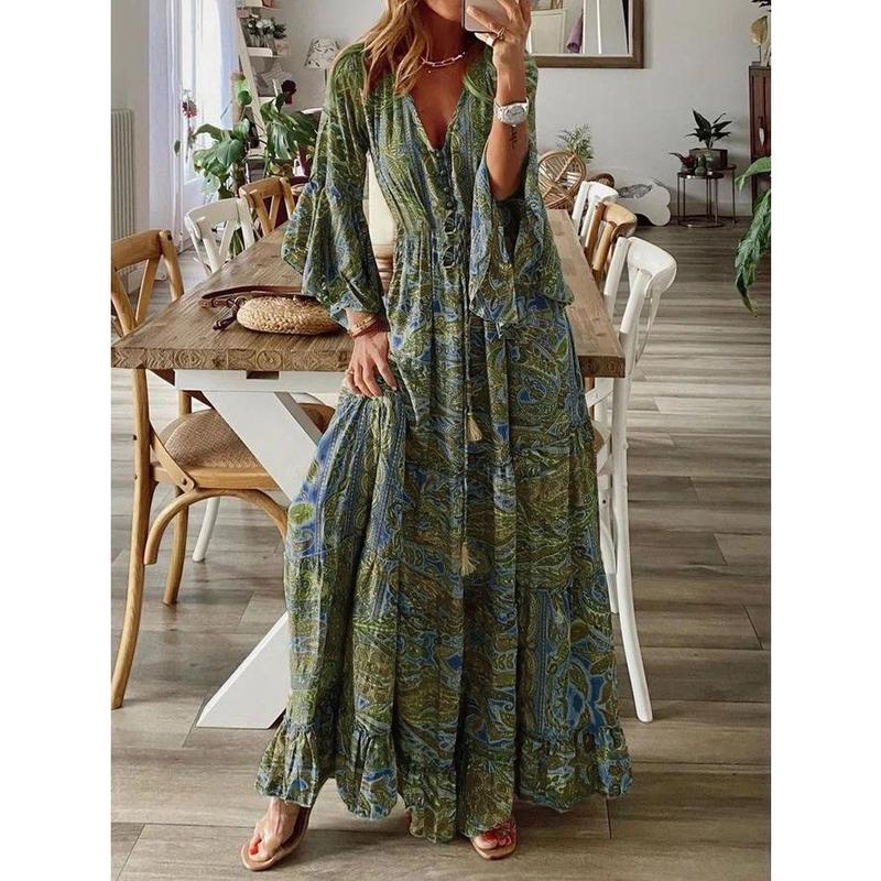 2024 Bohemian Flare Sleeve Printed V-neck High Waist Holiday Dress Floral Female Dress