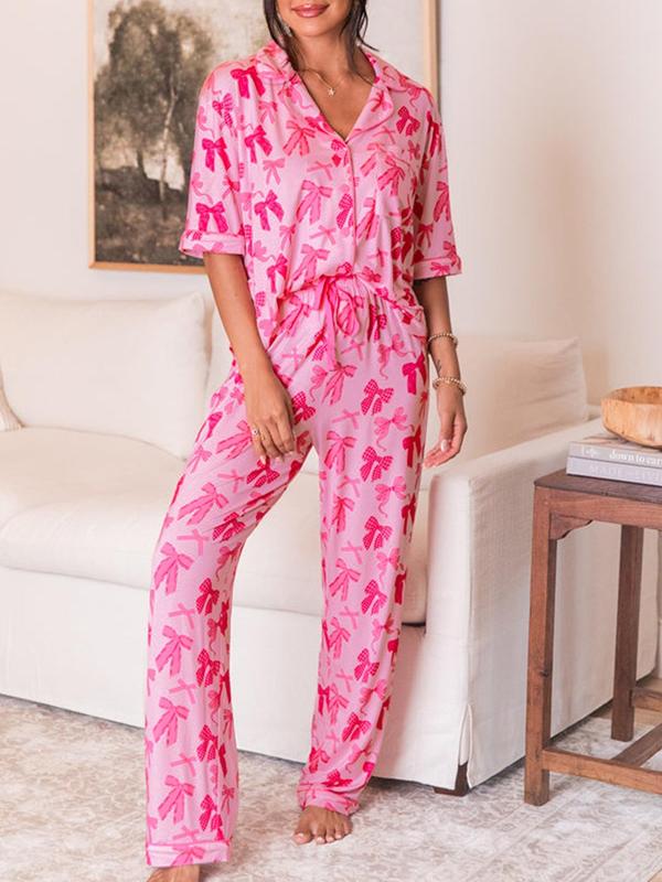 Two-piece Set Women's All Over Bow Print Lapel Neck Pocket Shirt & Drawstring Waist Pants Pajama, Casual Comfy High Stretch Short Sleeve Button Up Top & Trousers Pj Set, Ladies Sleepwear for All Seasons