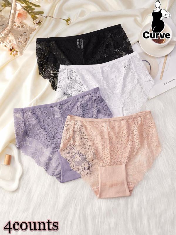 Plus 3pcs Floral Lace High Waist Knicker, Soft Comfy Breathable Panty For Daily Wear, Women's Underwear Bottoms For All Seasons