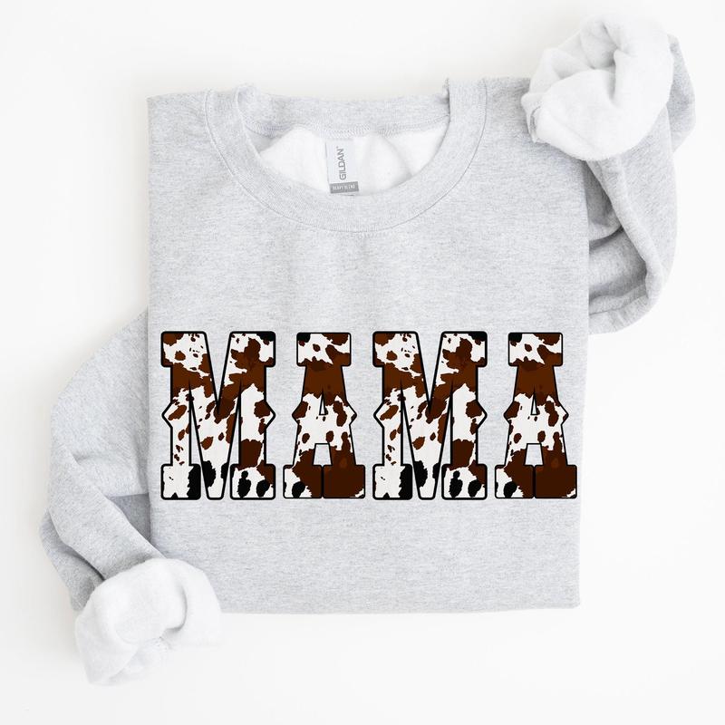 Mama, Cow Print, Western, Country, Varsity, Retro, Vintage Sweatshirt, Crew Neck, Women's, Crewneck