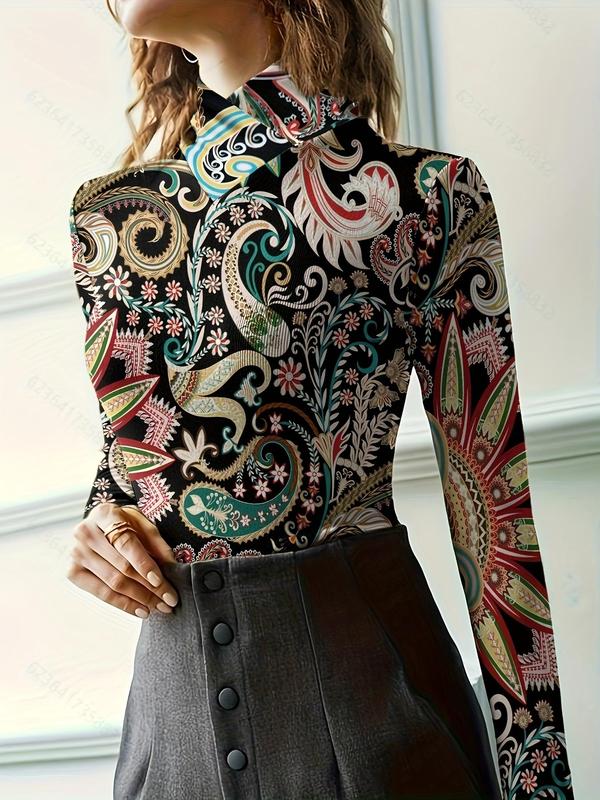 Women's Paisley Print Wrap High Neck Tee, Casual Long Sleeve T-Shirt for Fall & Winter, Women's Clothing for Daily Wear