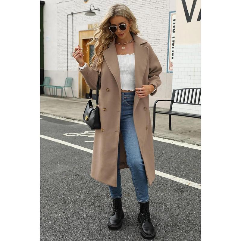 Fisoew Women's Long Coat Notched Lapel Collar Double Breasted Pea Coat Winter Elegant Wool Blend Over Coats Jackets NX2274