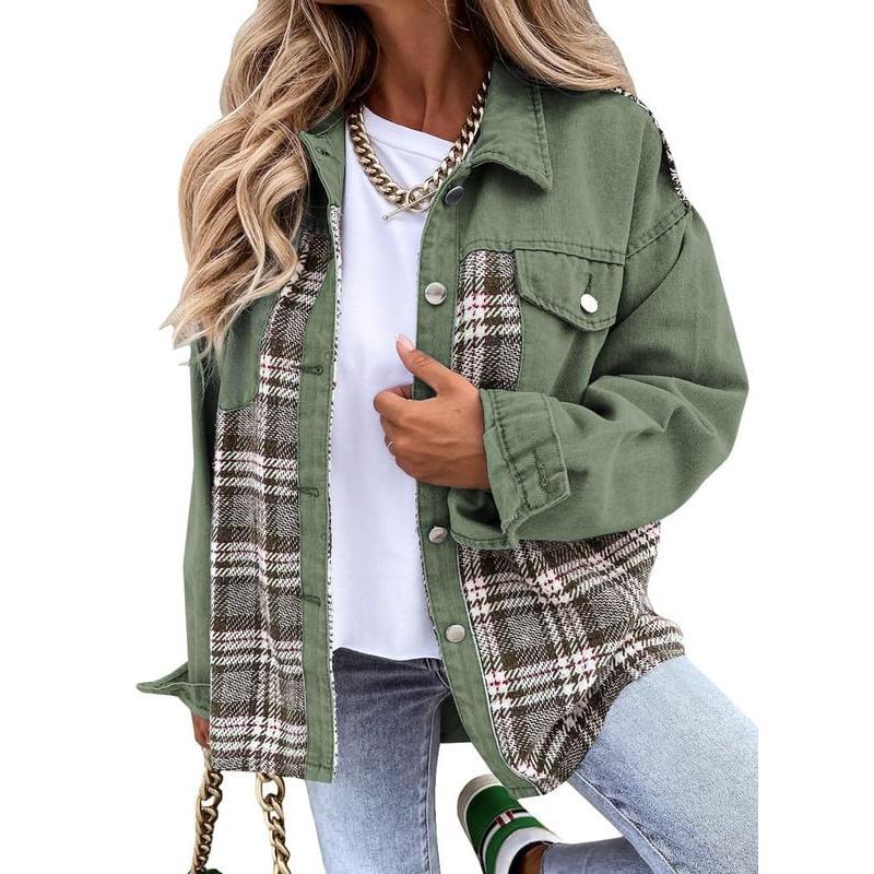 EVALESS Women's Denim Jacket Long Sleeve Plaid Button Down Shacket Jacket