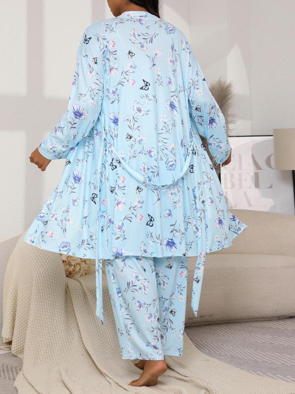  Floral Print Belted Lounge Robe & Cami Top & Pants Pyjama Set, Casual Pajama Set, Comfy Loungewear Set for Women, Women's Sleepwear for Spring & Fall, Nightwear Sets