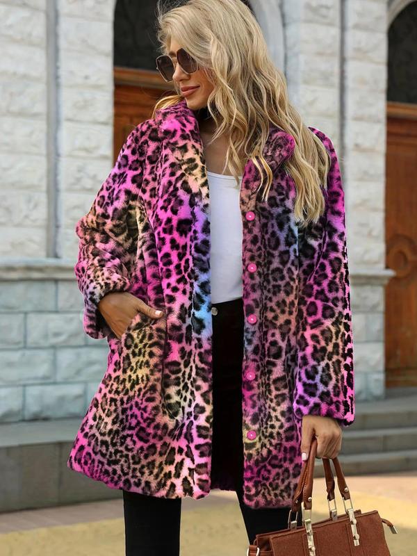 Women's Leopard Print Button Front Pocket Faux Fur Coat, Casual Long Sleeve Collared Outerwear for Fall & Winter, Winter Coat for Women, Ladies Clothes for Daily Wear