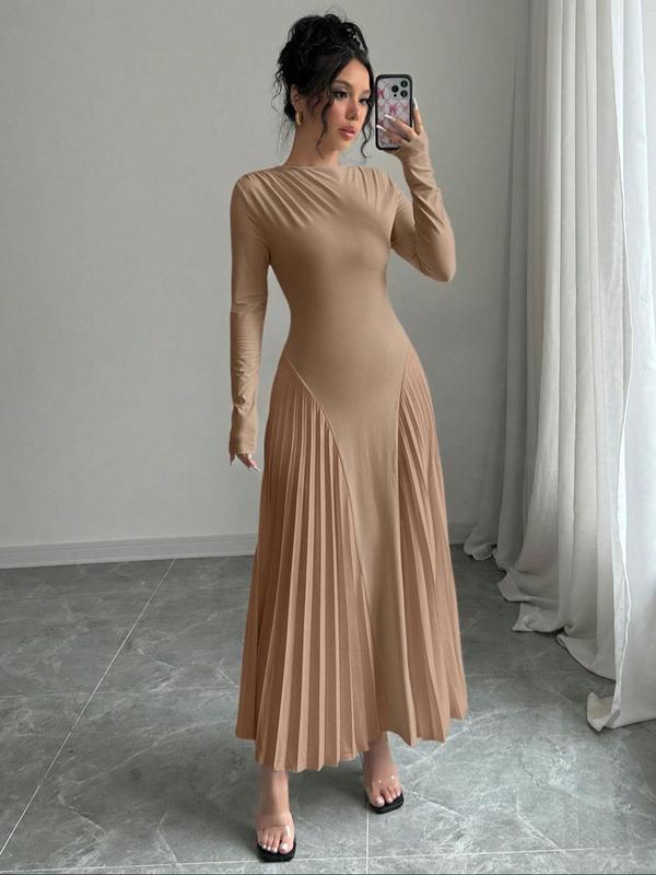 Women's Plain Boat Neck Pleated A Line Dress, Elegant Long Sleeve Ruched Long Dress for Party Holiday Wedding Guest, Ladies Spring & Fall Clothes