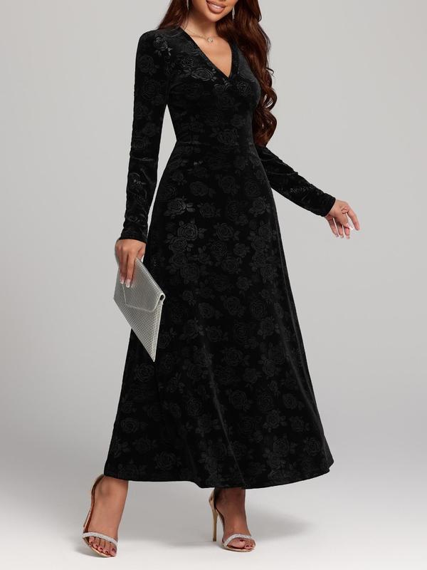 Women's Floral Print Velvet Dress, Elegant V Neck Long Sleeve A Line Dress for Party Holiday Wedding Guest, Ladies Clothes for All Seasons