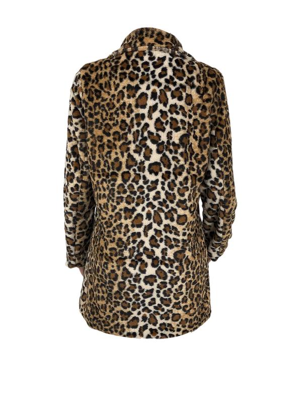 Women's Leopard Print Button Front Pocket Faux Fur Coat, Casual Long Sleeve Collared Outerwear for Fall & Winter, Winter Coat for Women, Ladies Clothes for Daily Wear