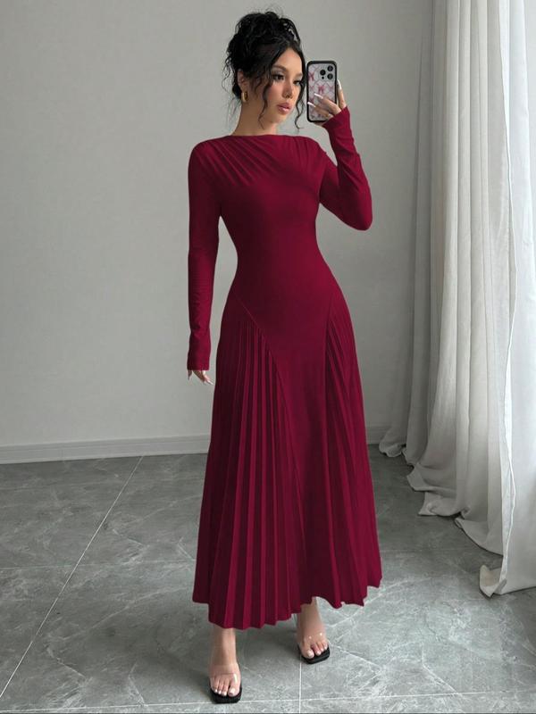 Women's Plain Boat Neck Pleated A Line Dress, Elegant Long Sleeve Ruched Long Dress for Party Holiday Wedding Guest, Ladies Spring & Fall Clothes