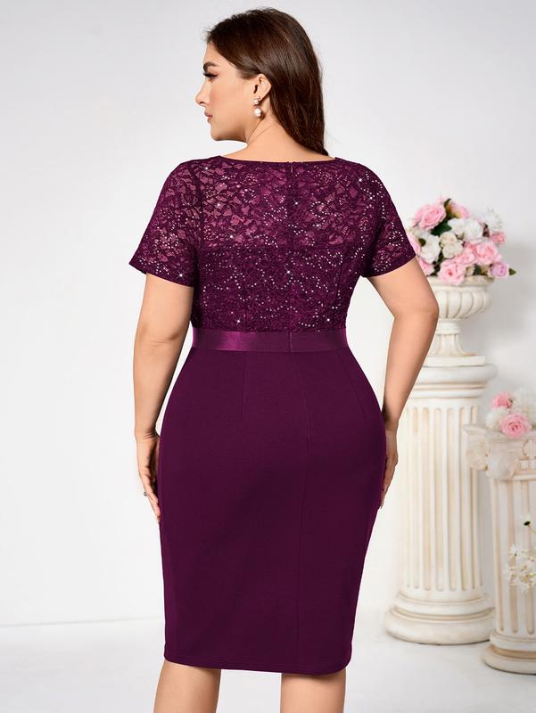 MISSMAY Women's Plus Size Sequin Lace Pleated  Womenswear Elegant Shortsleeve V Neck Cocktail Dress YP54229