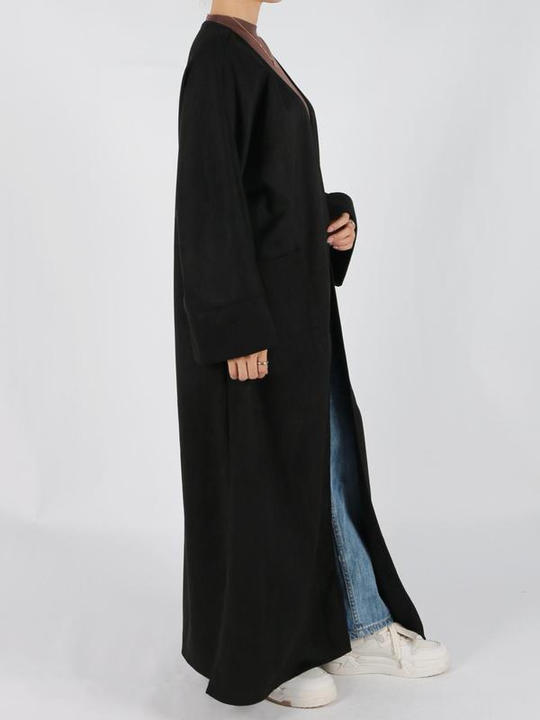 Women's Solid Long Sleeve Open Front Suede Abaya Coat, Elegant Long Sleeve Pocket Design Long Coat for Fall & Winter, Winter Clothes Women, Women's Islamic Clothing for Daily Wear