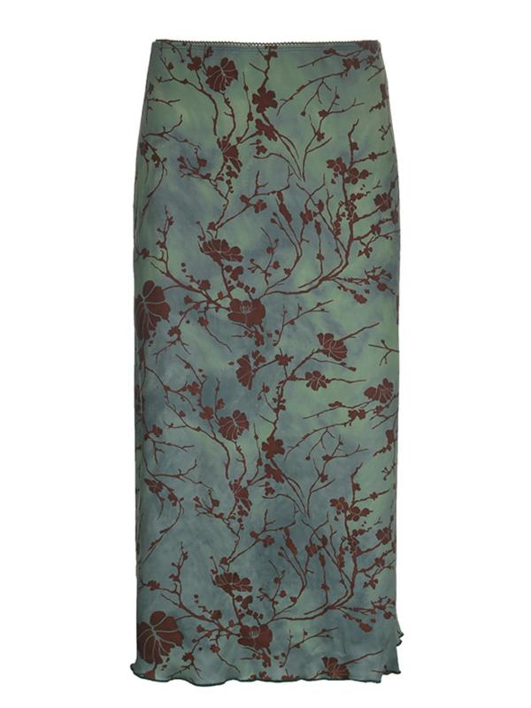 Women's Y2k Floral Print Lettuce Hem Skirt, Trendy Girls Skirt, Vintage Casual Midi Skirt for Lady, Comfort Womenswear Skirts, Skirts for Women, Women's Bottoms for Daily Streetwear