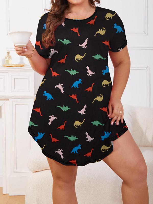 Plus Size Dinosaur Print Round Neck Nightdress, Casual Soft Comfortable Short Sleeve Nightgown for Women, Women's Sleepwear for All Seasons