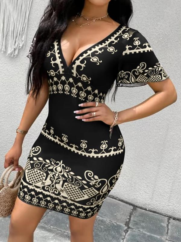 Women's Ethnic Pattern Butterfly Sleeve Bodycon Dress,  Dresses for Women, Fall Outfits, Elegant Deep V Neck Short Sleeve Short Dress for Party Holiday, Ladies Fall Clothes