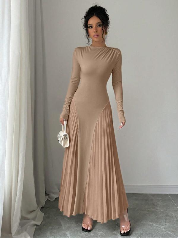 Women's Plain Boat Neck Pleated A Line Dress, Elegant Long Sleeve Ruched Long Dress for Party Holiday Wedding Guest, Ladies Spring & Fall Clothes