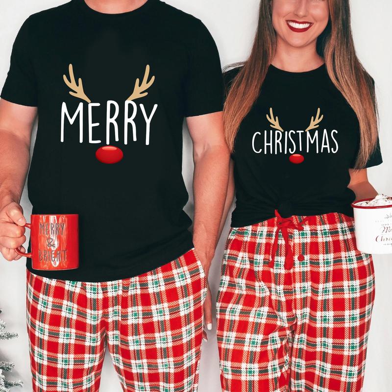 Merry Christmas Shirt Couples Christmas Sweatshirt, Christmas Reindeer Couple T-shirt, Xmas Couples Shirts, Matching Couples Christmas Tees