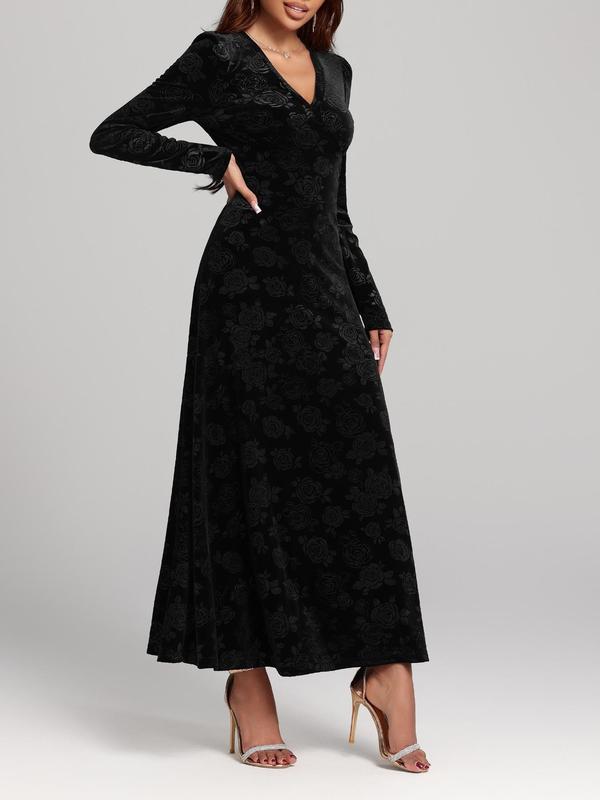 Women's Floral Print Velvet Dress, Elegant V Neck Long Sleeve A Line Dress for Party Holiday Wedding Guest, Ladies Clothes for All Seasons