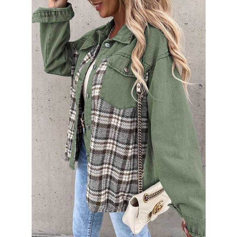 EVALESS Women's Denim Jacket Long Sleeve Plaid Button Down Shacket Jacket