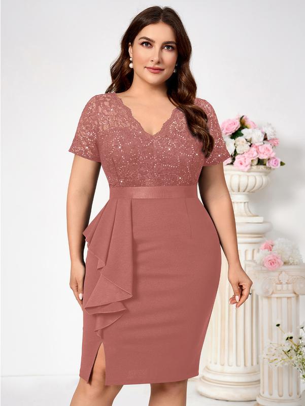 MISSMAY Women's Plus Size Sequin Lace Pleated  Womenswear Elegant Shortsleeve V Neck Cocktail Dress YP54229