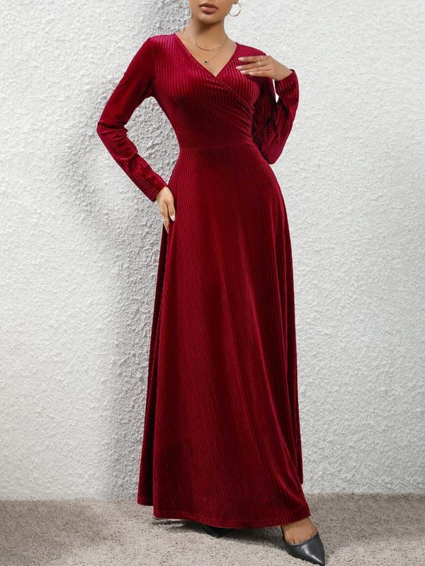 Women's Elegant Solid Wrap V Neck Velvet Dress, Long Sleeve A Line Dress for Party Evening Wedding Guest, Dresses for Women, Ladies Spring & Fall Clothes