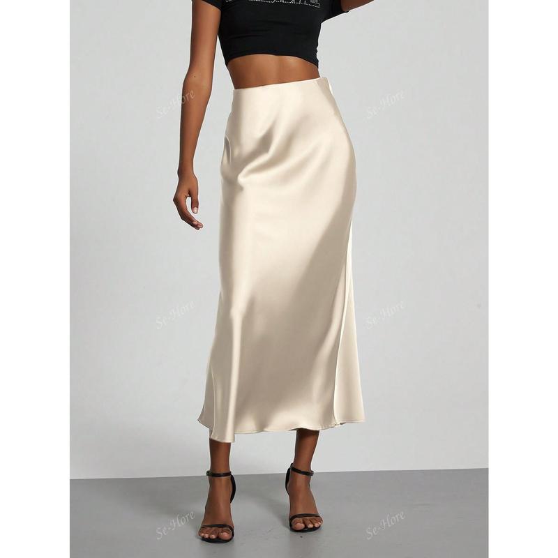 Women's Simple Solid Color Elastic Satin Texture Trumpet Hem Elegant Maxi Skirt