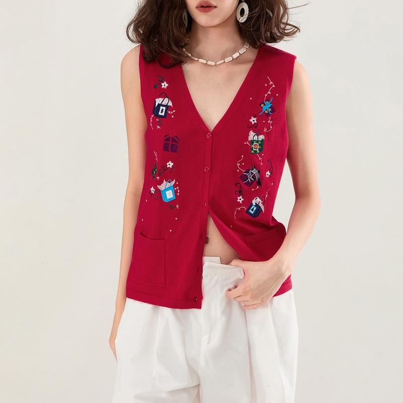 Women's Autumn Winter Sweater Vest V Neck Christmas Pattern Print Button Up Knit Tank Tops Sleeve Womenswear Check Light