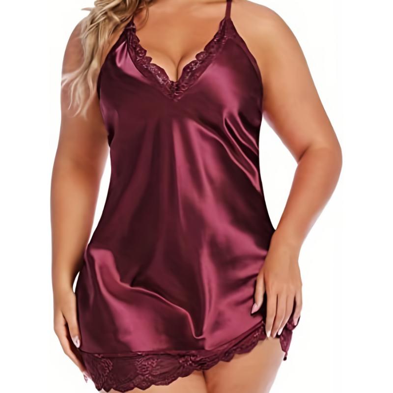 Plus Size Sexy Nightgown Set, Women's Plus Satin Contrast Lace Halter Neck Semi Sheer Nightdress & Underwear, Sexy Pajama Two Piece Set