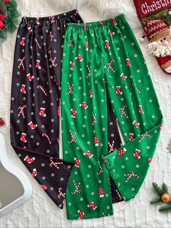 Women's Christmas Print Satin Pajama Pants, Casual Comfy Lounge Trousers for Fall & Winter, Women's Sleepwear for Indoor Wear