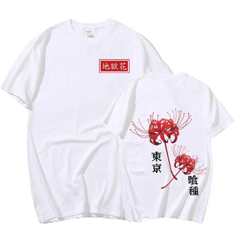 Anime Tokyo Ghoul Spider Lily Double-sided T-shirt Men Women Cool Kane kiken Graphic Print T-shirts Oversized Streetwear Couples Tees Cotton Crewneck Sleeve Womenswear