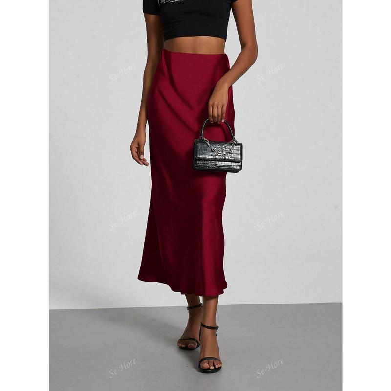 Women's Simple Solid Color Elastic Satin Texture Trumpet Hem Elegant Maxi Skirt