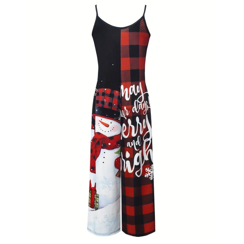 Women's Christmas Themed Jersey Fabric Jumpsuit with Round Neck, Casual Style, Polyester, All-Season, Adult, with Pockets - Festive Plaid and Snowman Design Womenswear Collar