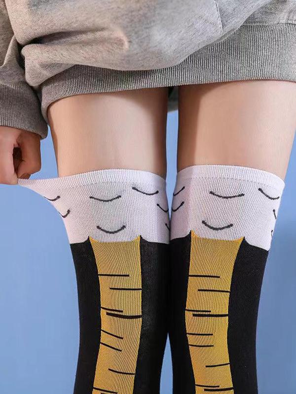 Women's 3 Pairs Cartoon Chicken Feet Print Over The Knee Socks, Cute Funny Comfy Breathable Socks for Daily Wear, Ladies Socks for All Seasons