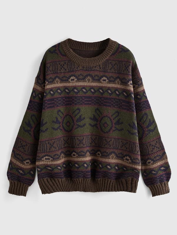 ROMWE Fairycore Vintage Nature-Inspired Round Neck All-Over Print Long Sleeve Sweater Fit Knitwear christmas outfit 2024