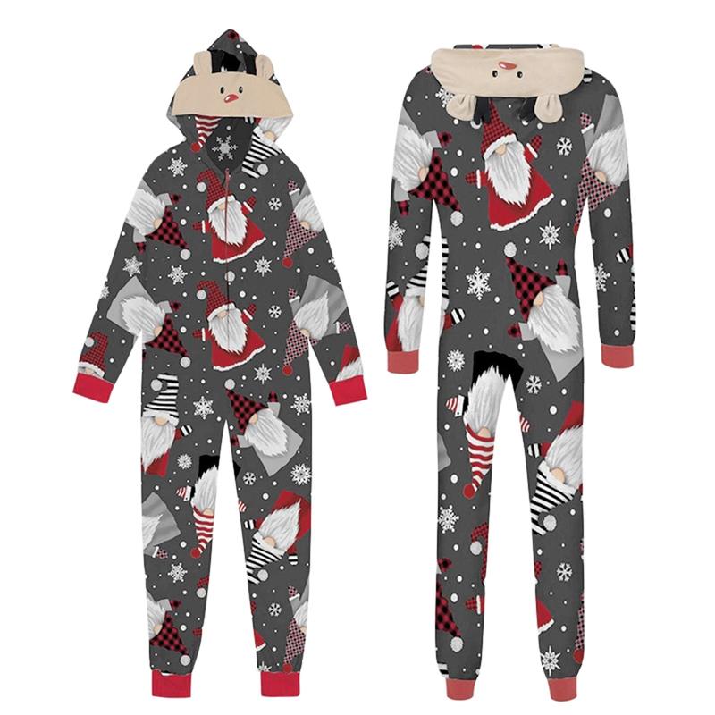 Family Matching Clothes Christmas Sleepwear, Cartoon Elk Snowman Print Long-Sleeve Zipper Hood  Jumpsuit