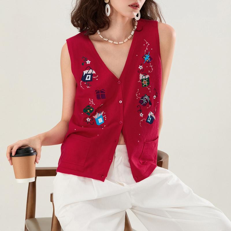 Women's Autumn Winter Sweater Vest V Neck Christmas Pattern Print Button Up Knit Tank Tops Sleeve Womenswear Check Light