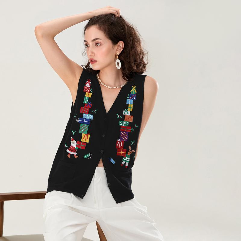 Women's Autumn Winter Sweater Vest V Neck Christmas Pattern Print Button Up Knit Tank Tops Sleeve Womenswear Check Light