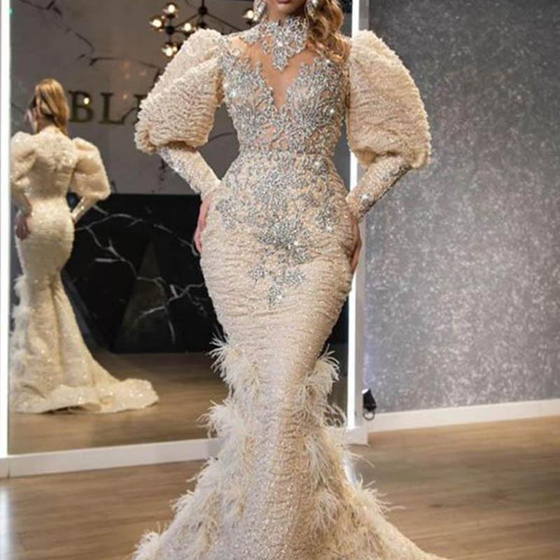 Colorful 2024 European and American New Women's Dress V-neck Feather Princess Dress Gold Long Mesh Evening Dress