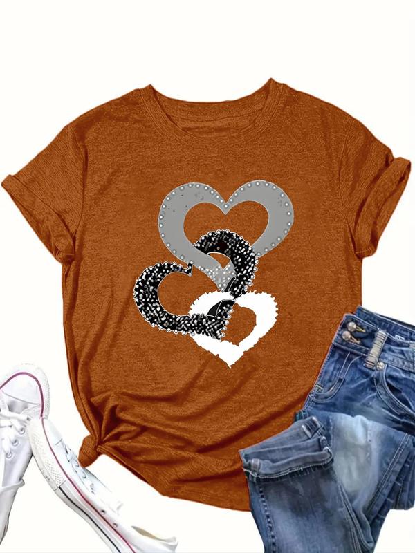  Heart Print Round Neck Tee, Casual Short Sleeve Crew Neck T-shirt for Daily Wear, Women Clothing for All Seasons