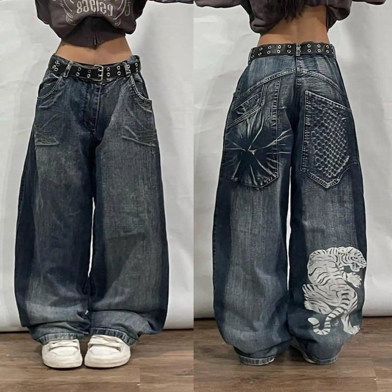 Hip Hop Big Pockets Oversized Jeans, Aesthetic Baggy Jeans, Harajuku Trousers, Plus Size Jeans, Cargo Pants, Gift for Her, Women's Clothing Womenswear Bottom Streetwear Denim