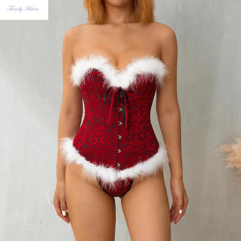 Christmas Ladies Corset Tops, Women Flower Printing Feathers Splicing Front Buckle Back Tie UpShapewear Cosplay Costume