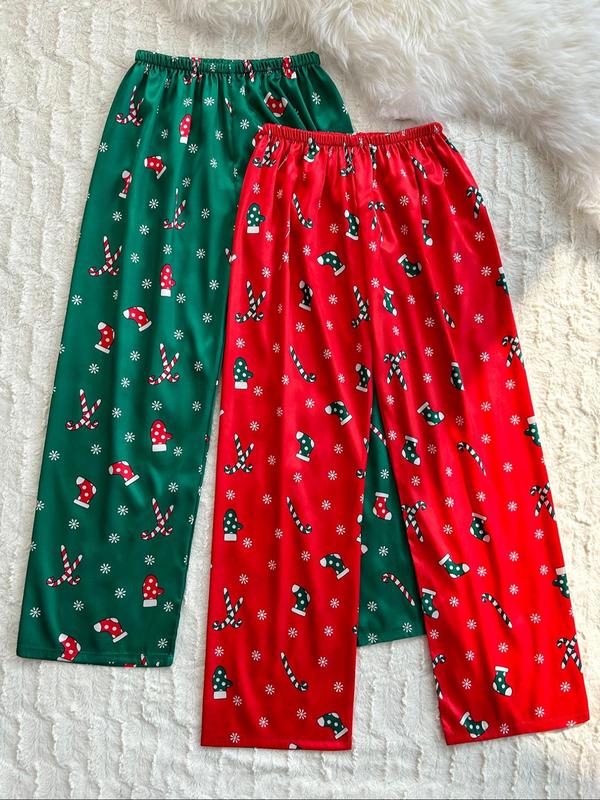 Women's Christmas Print Satin Pajama Pants, Casual Comfy Lounge Trousers for Fall & Winter, Women's Sleepwear for Indoor Wear