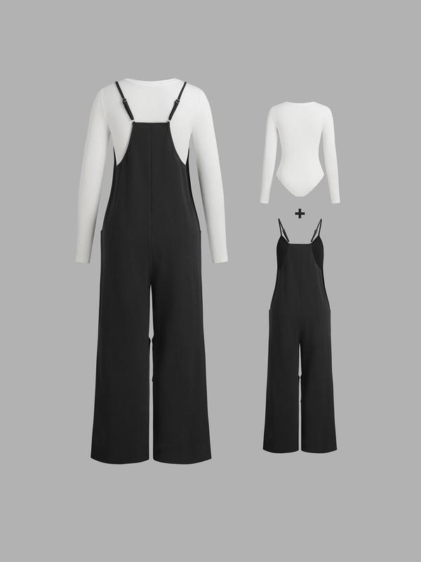 YOZY Christmas Deals, Women's Solid Pocket Adjustable Strap Cami Jumpsuit & Button Closure Crotch Ribbed Bodysuit Two-piece Set, Casual Comfy Two Piece Outfits for Daily Wear, Christmas 2024 Trend, Fall & Winter Outfits