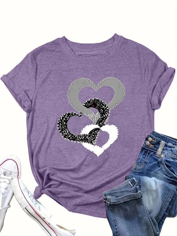  Heart Print Round Neck Tee, Casual Short Sleeve Crew Neck T-shirt for Daily Wear, Women Clothing for All Seasons